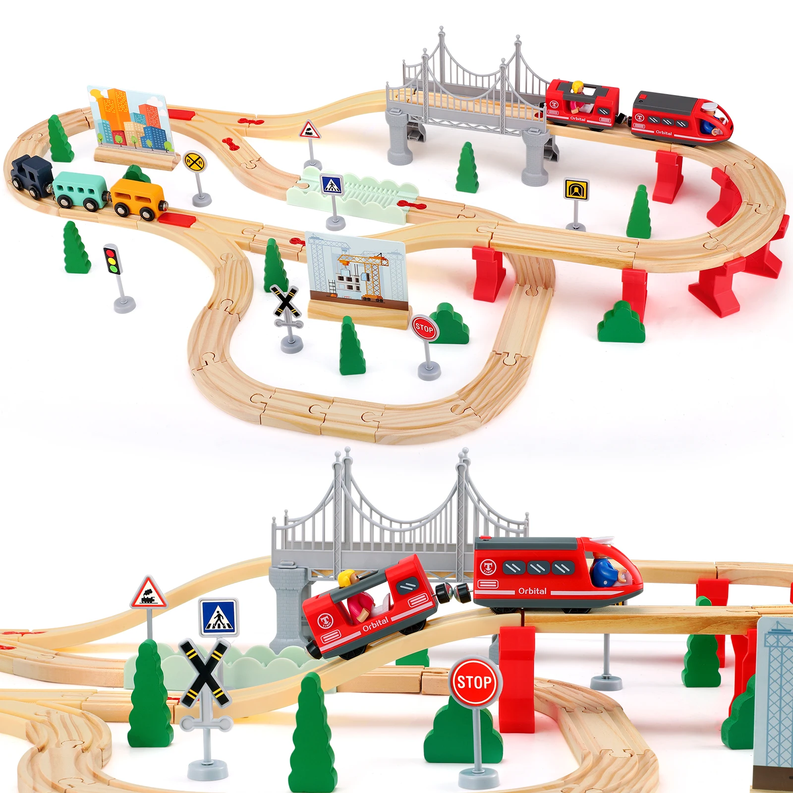 Image of Holzeisenbahn-Set, 72-teiliges Stadtbahn-Set für Kinder, erweiterbares Holzeisenbahn-Set, Kleinkindspielzeug, Geschenk für Jungen und Mädchen ab 3 Jahren