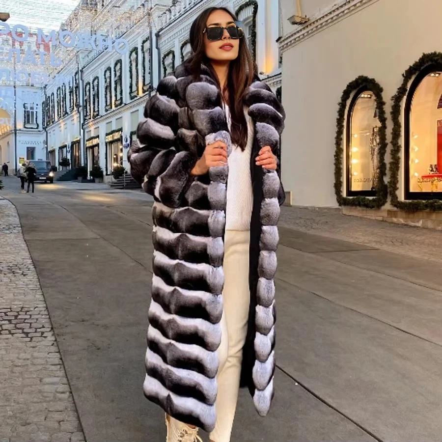 

Best Seller Luxury Long Coat Natural Chinchilla Rex Rabbit Fur Coat Real Fur Coat Women Warm Winter Jacket