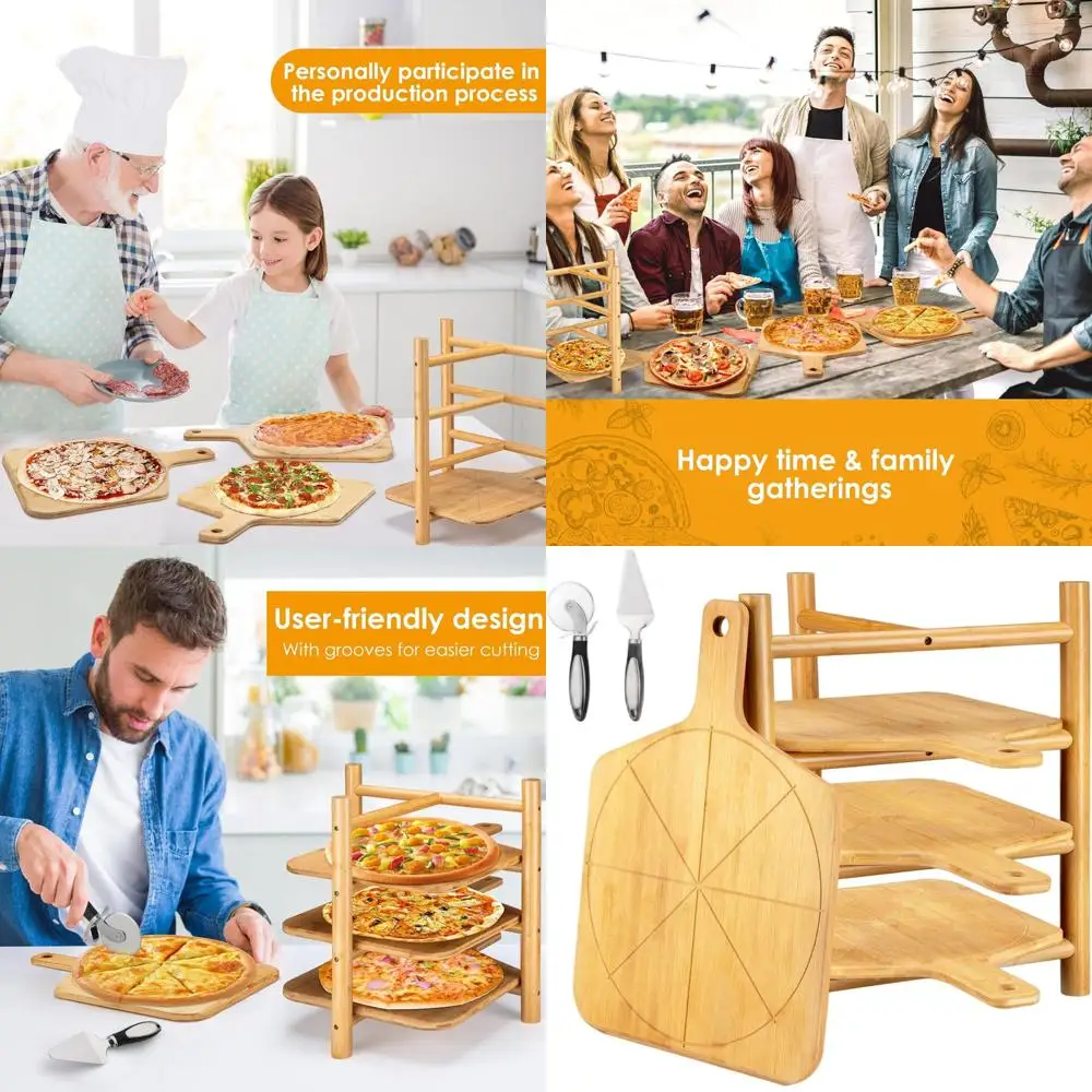 

4-Piece Pizza Peel Set with Smooth Paddle, Cutting Board, Serving Tray, and Stainless Steel Cutting Wheel