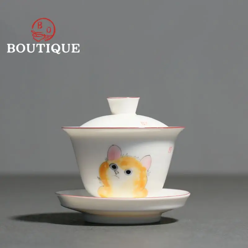 

160ml Hand-painted Cute Cat White Porcelain Gaiwan Ancient Tea Tureen Household Tea Maker Sancai Cover Bowl Tea Items Ornaments