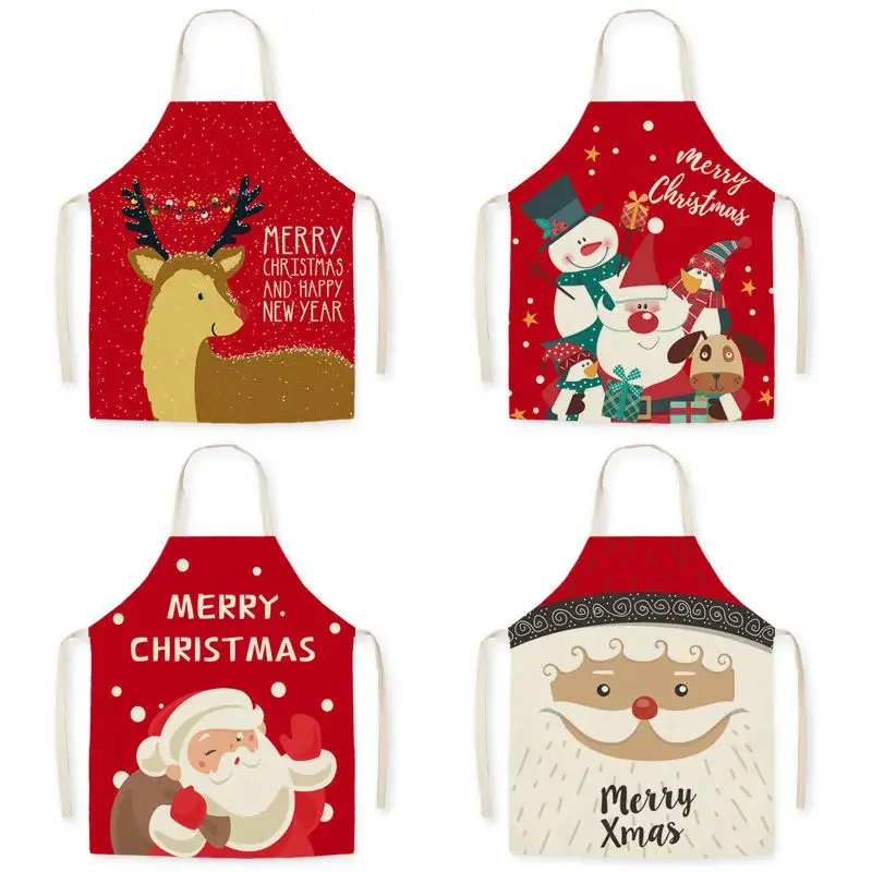 Christmas Aprons Santa Claus Xmas Tree Deer Printing Brief Kitchen Apron BBQ Baking Cooking Cleaning Accessories New Year Gifts