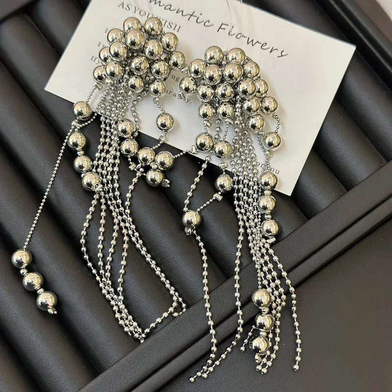 Silver Tone Metal Ball Cluster Long Tassel Dangle Earrings Multi Strand Bead Chain Fringe Statement Earrings for Daily Wear