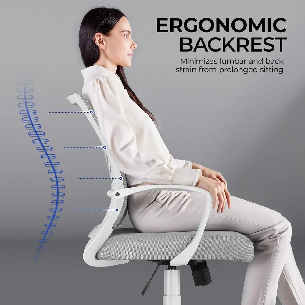 Silla de oficina ergonómica con respaldo medio con altura ajustable y soporte lumbar, gris claro