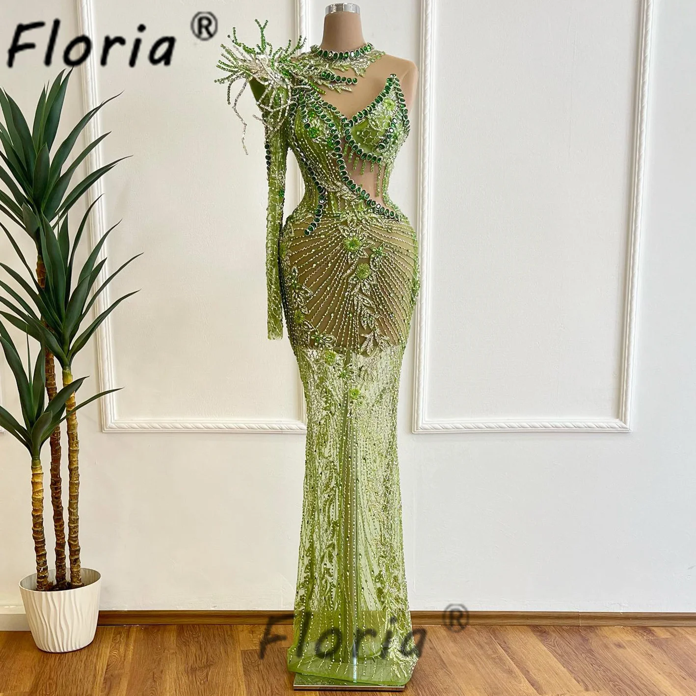 Luxury Arabic Green Beaded Evening Dress One Shoulder Crystals See Through Floor Length Prom Party Dresses Robe de Soiree Femme