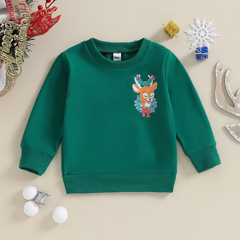 

BeQeuewll Baby Christmas Sweatshirts For Fall Cute Deer Print Long Sleeve Loose Pullover Toddler Warm Tops For 1-4 Years