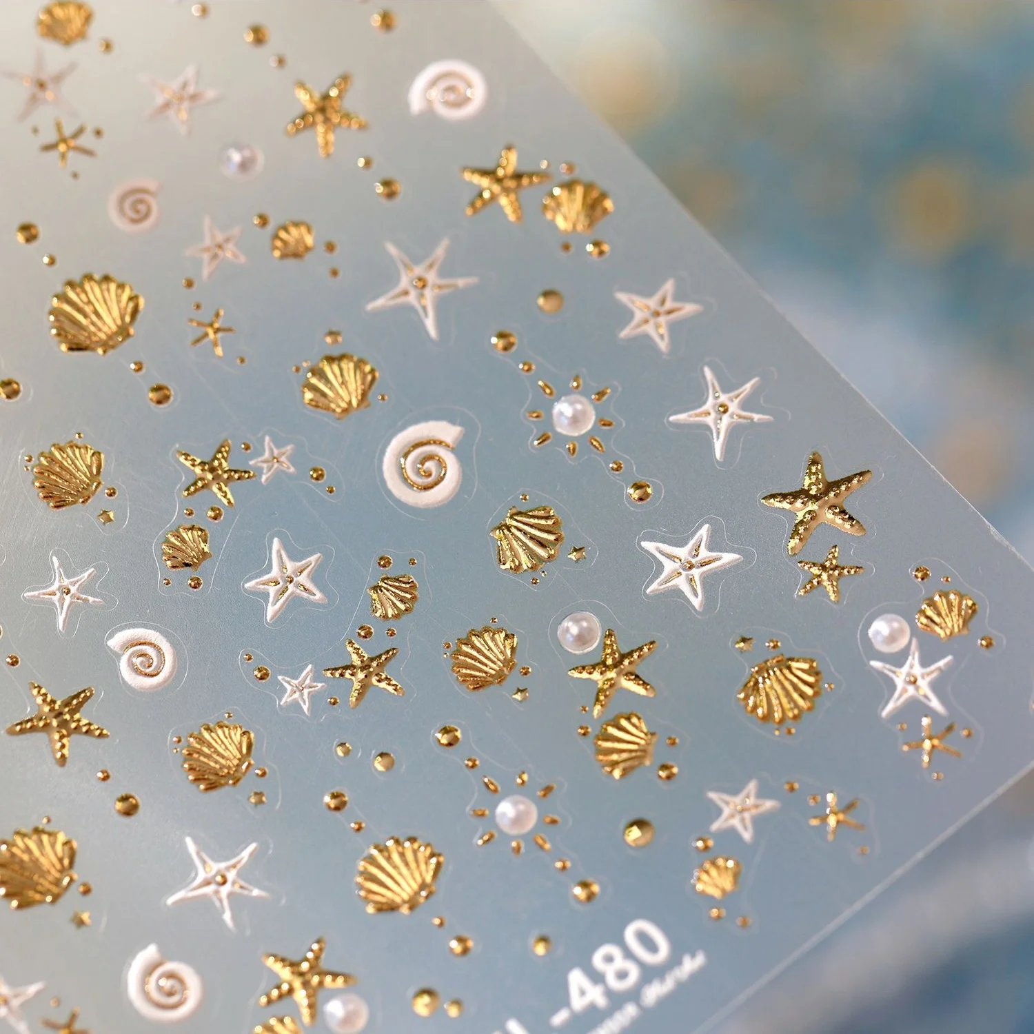 Sommer Strand 5D Nagelkunst-Aufkleber Ozean-Thema Goldener Seestern Muschel Weiße Perle Spiralmuster Abziehbilder Selbstklebende Dekoration