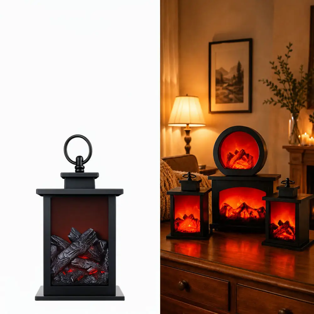Decorative Led Fireplace Lamp Vintage European Simulation Flame Lantern Portable Atmosphere Night Light Decor