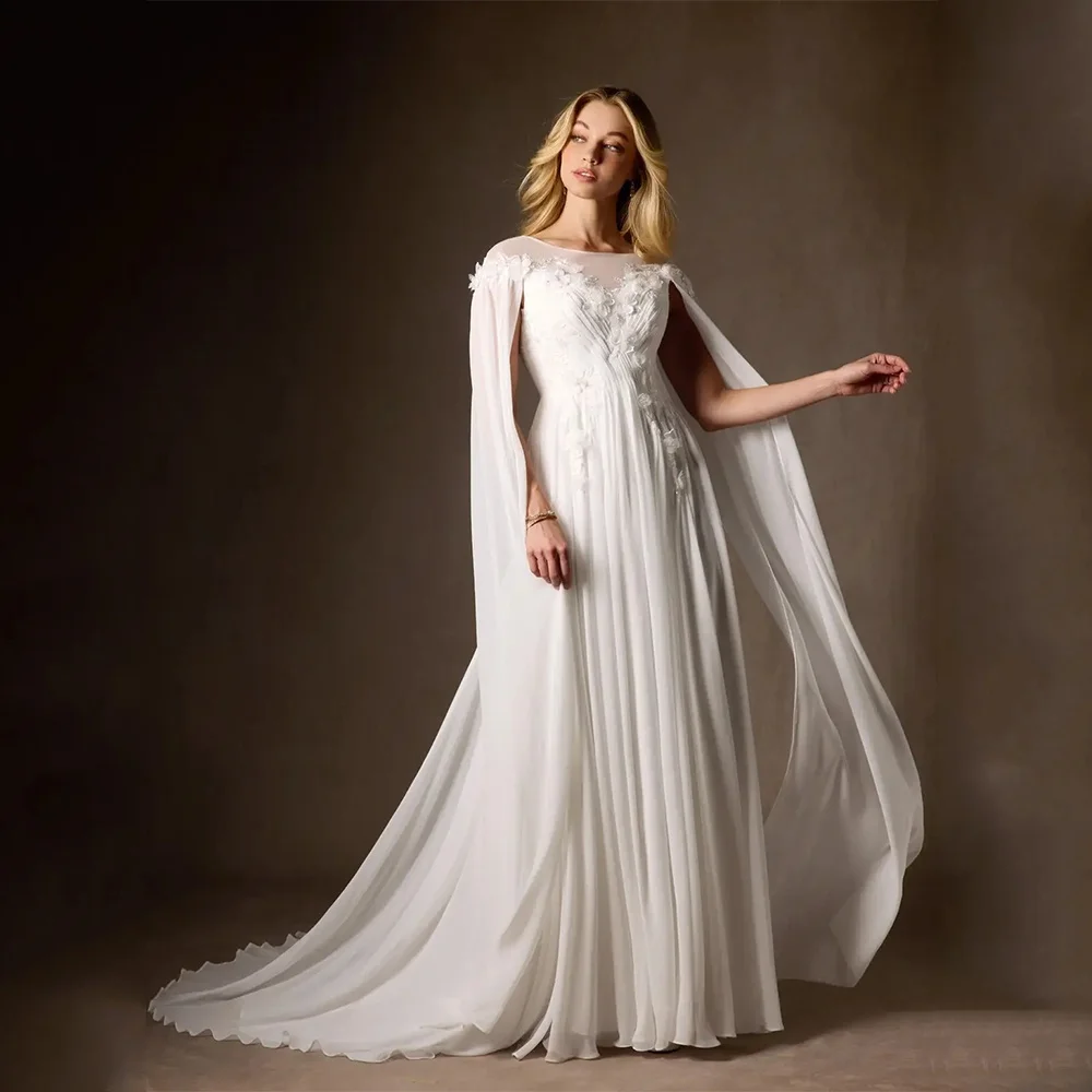 ชุดแต่งงานสีขาวคลาสสิกแบบอารยา ผ้าชีฟองยาวกรอมพื้น ทรงเอไลน์ แขนกุด คอวี ประดับลูกไม้  ชุดราตรี  สามารถสั่งตัดได้