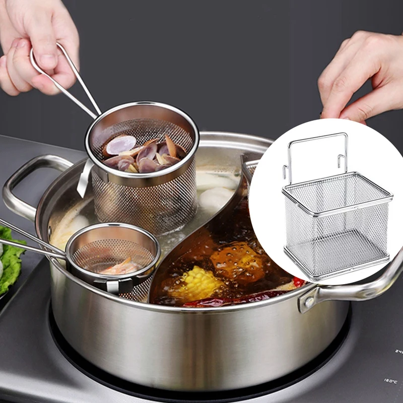 Stainless Steel Colander Hot Pot Colander With Hook Noodle Drainer Filter Mesh Sieve Strainer Spoon For French Fries Pasta