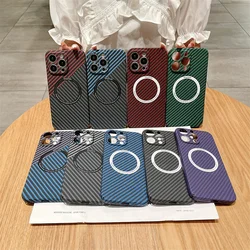 Magnetic Carbon Fiber Texture Fine Hole Camera Protection Phone Case For iPhone 12 13 14 15 16 17 Pro Max Plus Shockproof Cover
