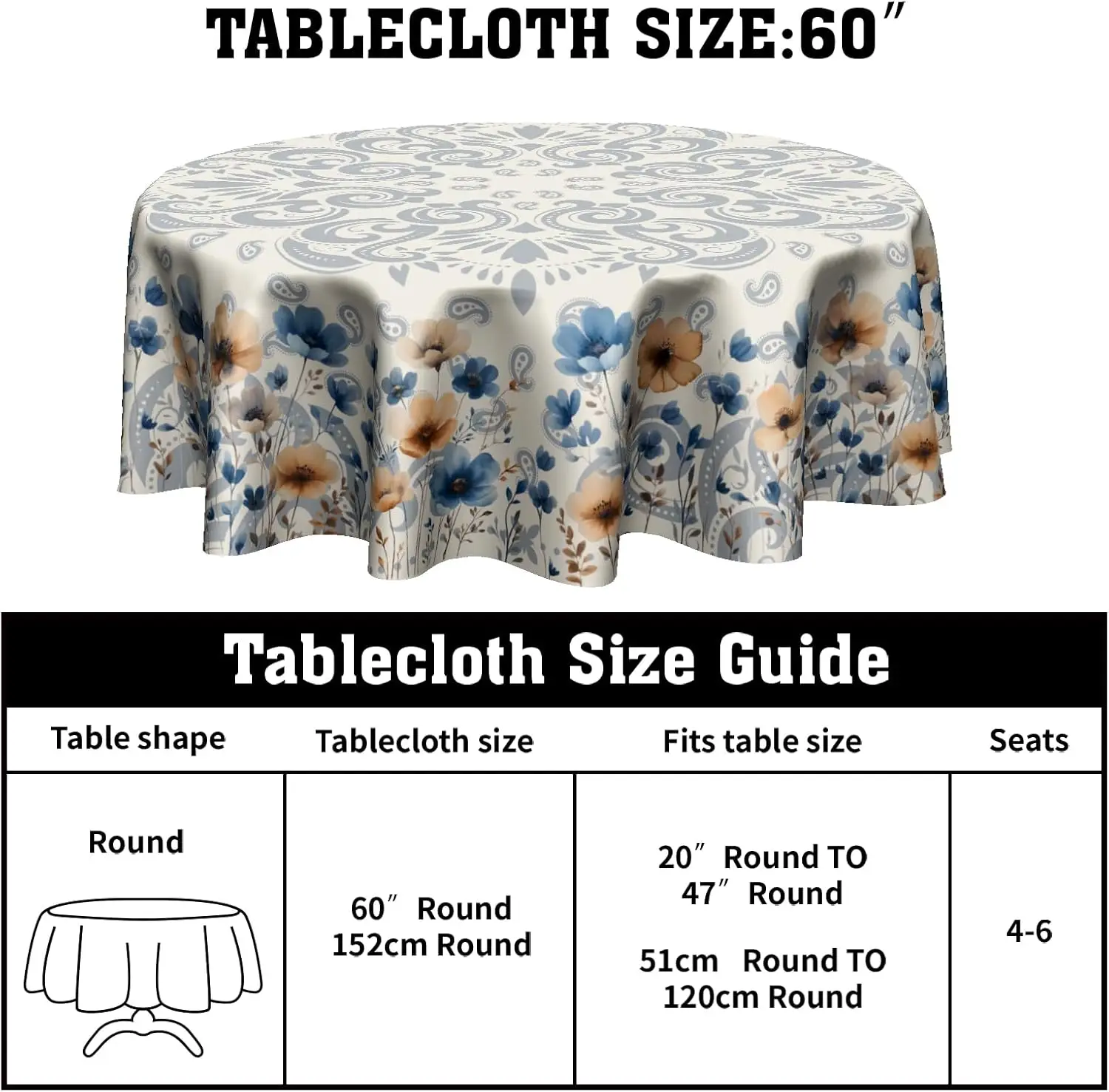 Boho Floral Tablecloth Round 60 Inch Wild Flower Circular Table Cover Washable Wipeable Tabletop for Dining Kitchen Picnic Decor