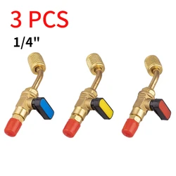 3pcs 1/4 SAE Car Air-conditioning Refrigeration Ball Valve Adapter for R12 R22 R134a Copper on/OFF Valve