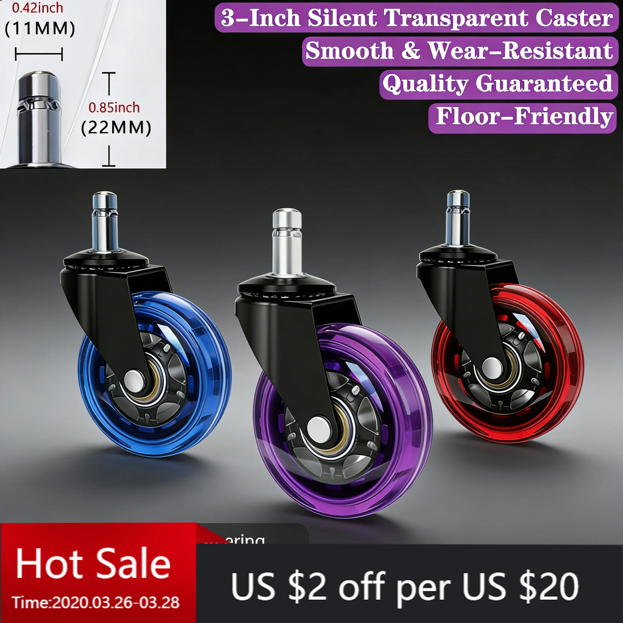 

5-pcs Set: 3-inch Stem-mount Office Chair Casters (m11x22mm) Office Chair Casters Pu Wheels Replacement For Desk Computer Chair