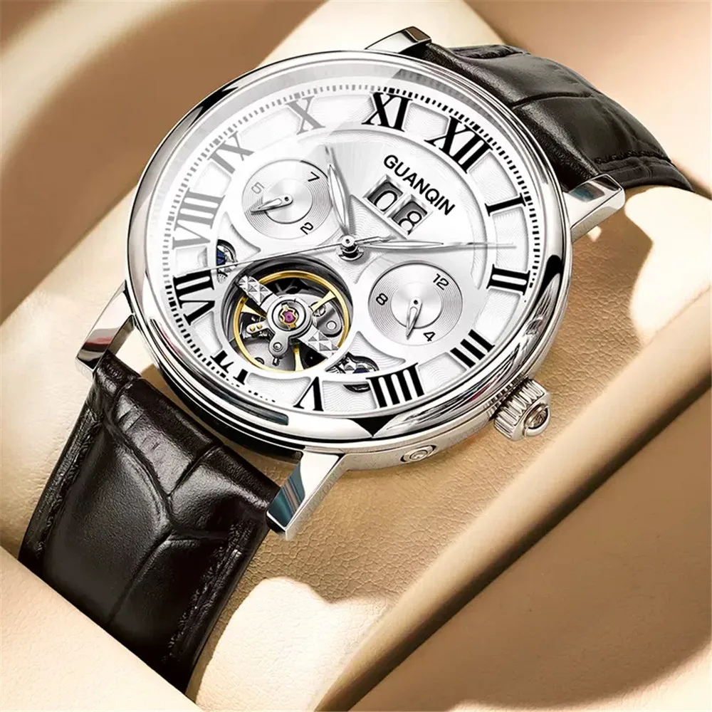 GUANQIN Men's Luminous Leather Mechanical Wristwatch Sapphire Crystal Waterproof Automatic Self-wind Military Tourbillon Watch