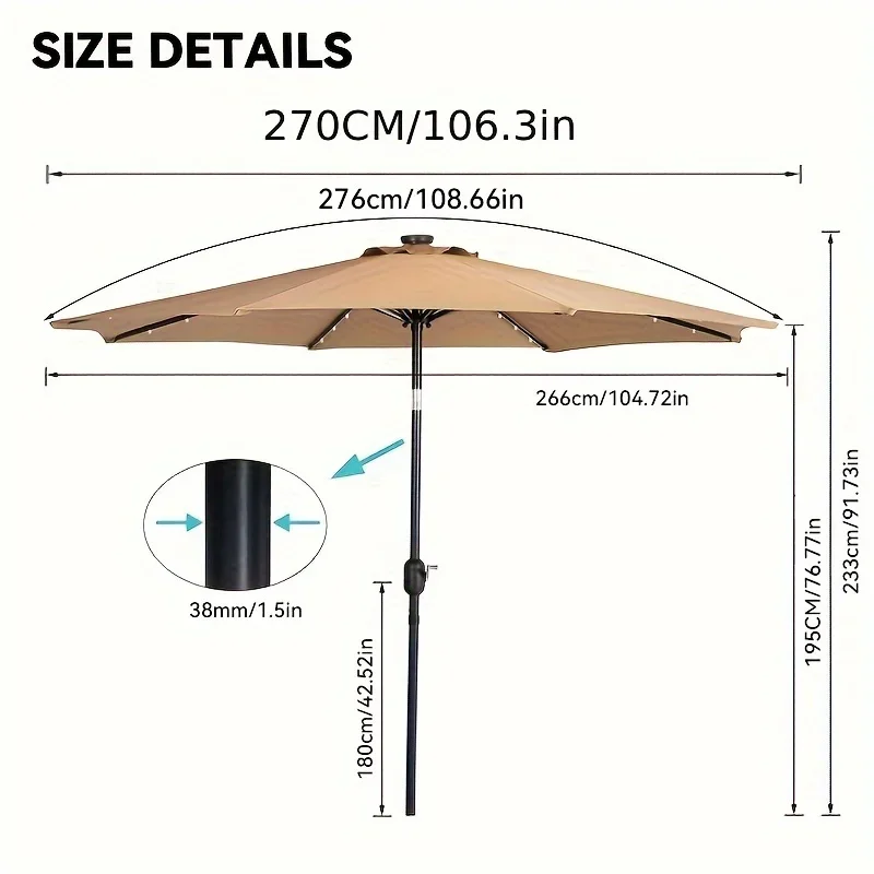 9ft Outdoor Patio Umbrella, Outdoor Patio/Market Table Umbrella, UV Protected, Waterproof, For Garden, Patio, Backyard, Pool