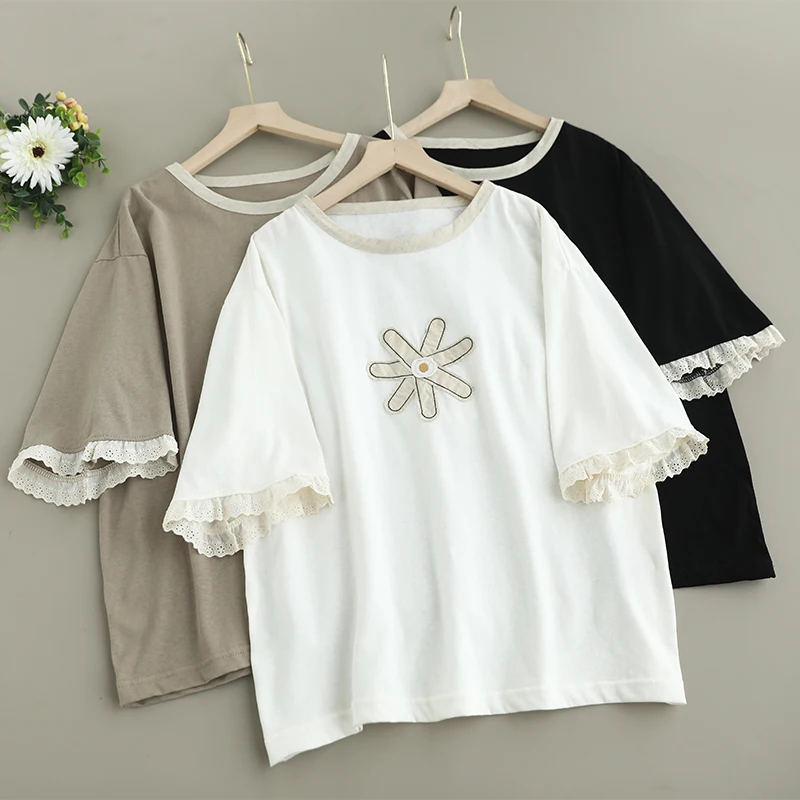 

Summer New Japanese Sweet Mori Girl Flower Embroidery T-Shirts Women Cute O-Neck Short Sleeve Casual Loose Cotton Tee Shirt Tops