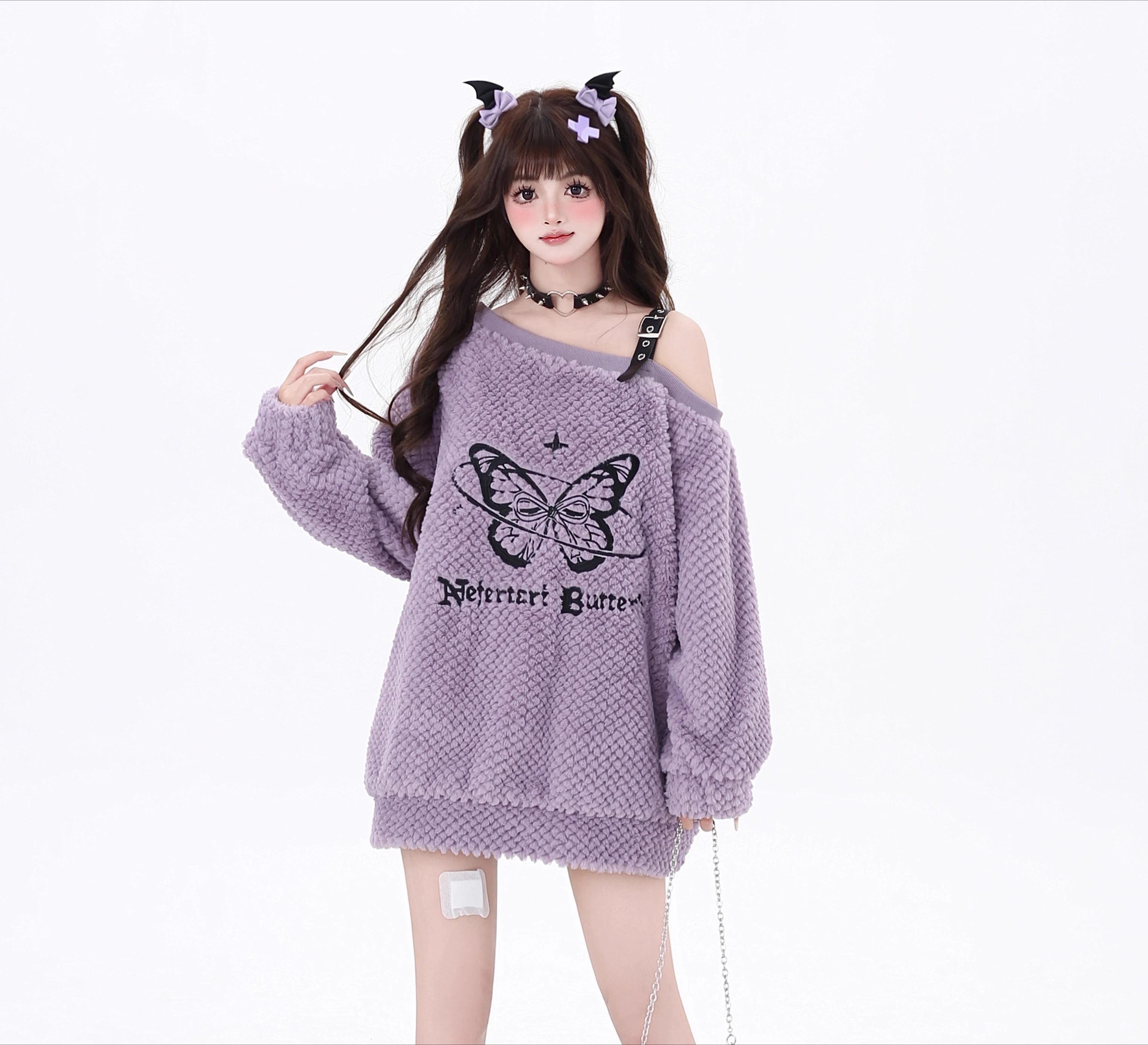 Y2k Sweet Cool Butterfly Autumn Winter Loose Irregular Slanted Shoulder Sweater Cute Girl Long Sleeve Solid Color Versatile Top