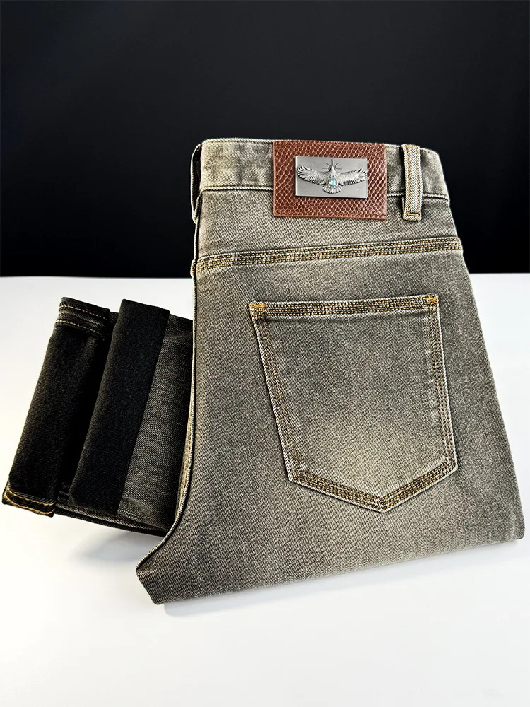 

Осенние винтажные джинсовые джинсы для мужчин, приталенный крой, маленькие ноги, эластичные, толстые, деловые, удобные, легкие роскошные брюки.