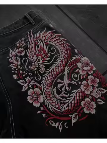 Y2K New American Retro Hip-Hop Cherry Blossom Dragon Print Loose Jeans For Men and Women Gothic Hip-Hop Casual Joker Street Wear