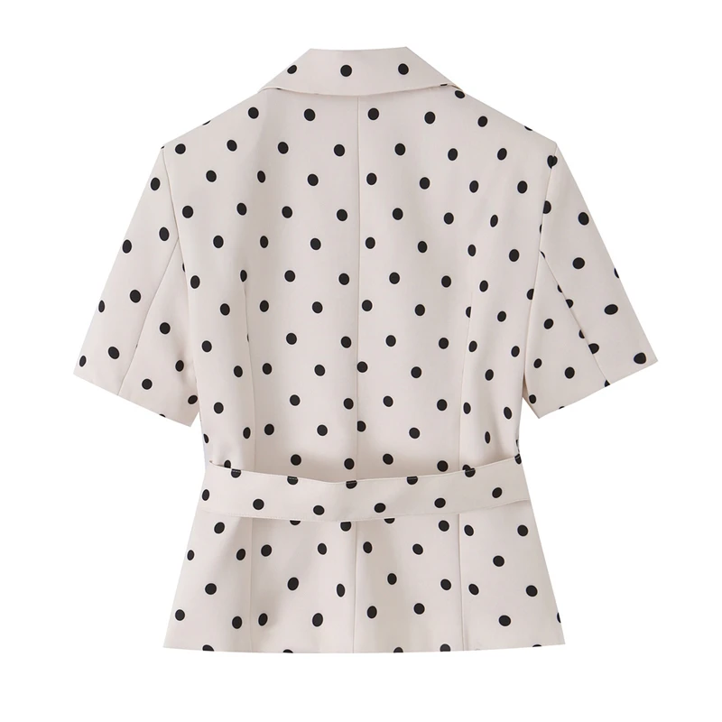 KEYANKETIAN 2026 Korean Chic Polka Dot Waist Belt Blazer Short Sleeve Lapel Collar Slim Waist Casual Office Outerwear Top