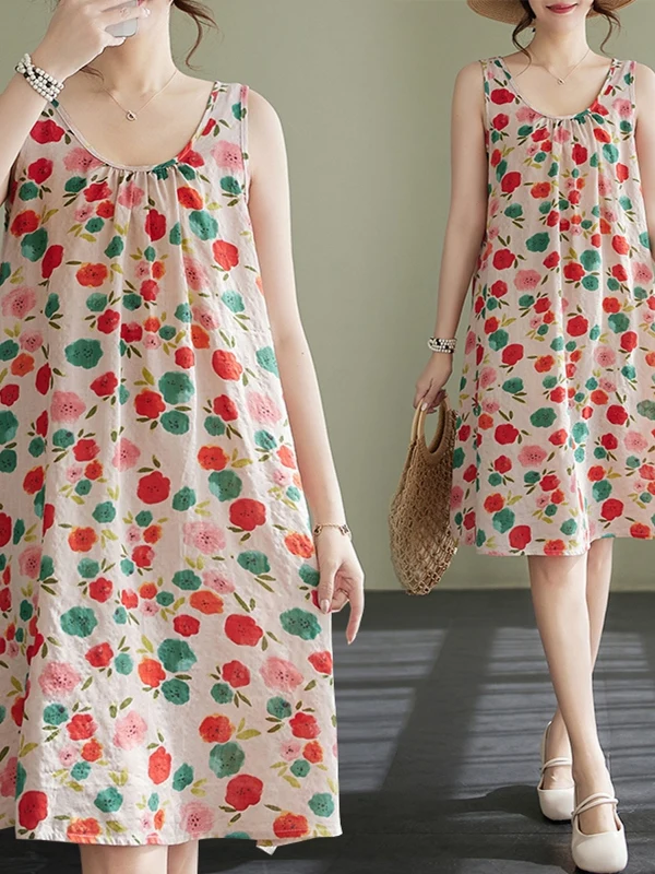 Vestido de Verão Novo Plus Size para Mulheres, Vestido Solto e inador, Saia em A, Sem Mangas, Vestido de Aodão e Linho co...