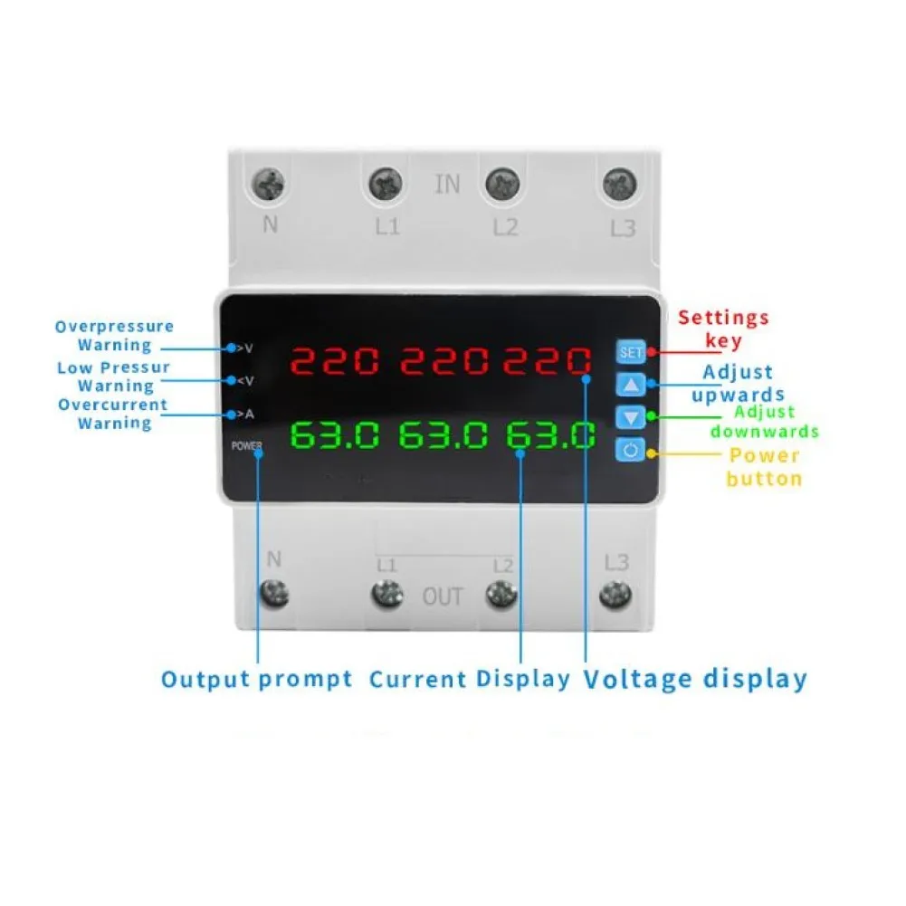 Adjustable Overvoltage Undervoltage and Overcurrent Protection Device for Three-Phase AC Systems with Rail Installation