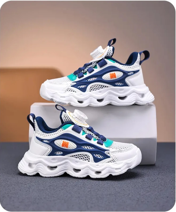 Детские кроссовки с вращающейся кнопкой и выдолбленной одной сеткой, большие детские противоскользящие и дышащие кроссовки на мягкой подошве.