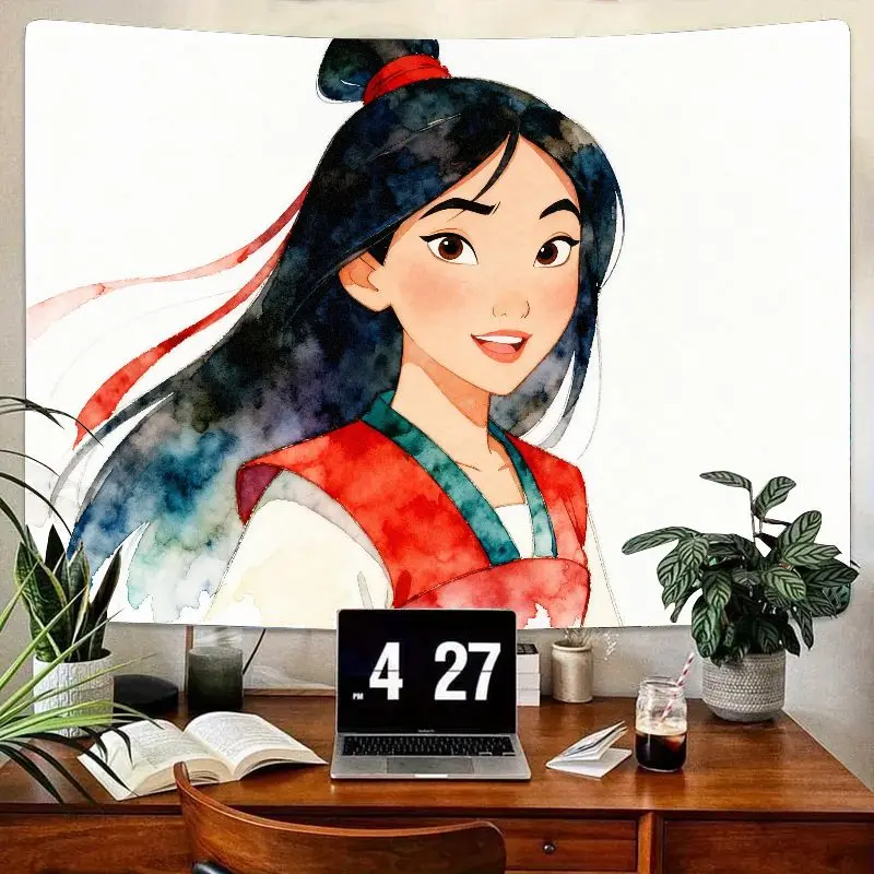 

1 шт., акварельный гобелен Мулан, принцесса-воин Диснея, настенное искусство, полиэстер, эстетический декор комнаты, подарок для фанатов, спальни, гостиной.