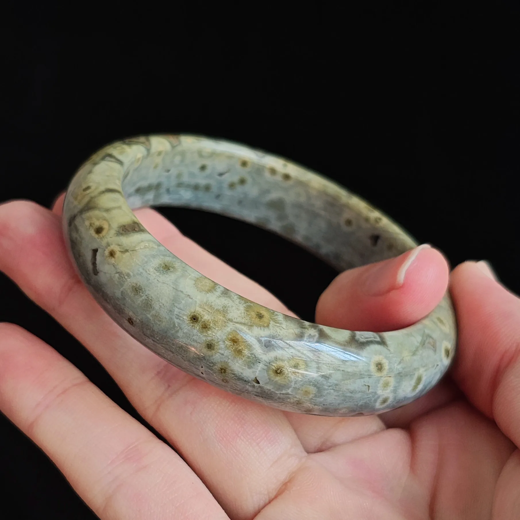 Unique Exact Piece Frogspawn Ocean Jasper Bangle Fish Egg Pattern Orbicular Gemstone Bracelet WYSIWYG Women Collector Gift