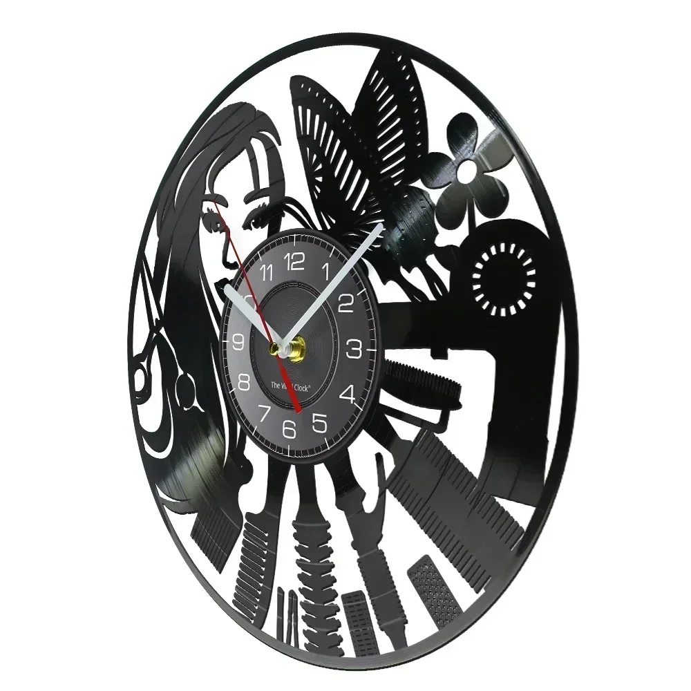 Hairdressing Beauty Salon Design Vinyl Record Clock Watch Barber Shop Wall Decor Barber Shop Sign Silent Haircutting Wall Clock