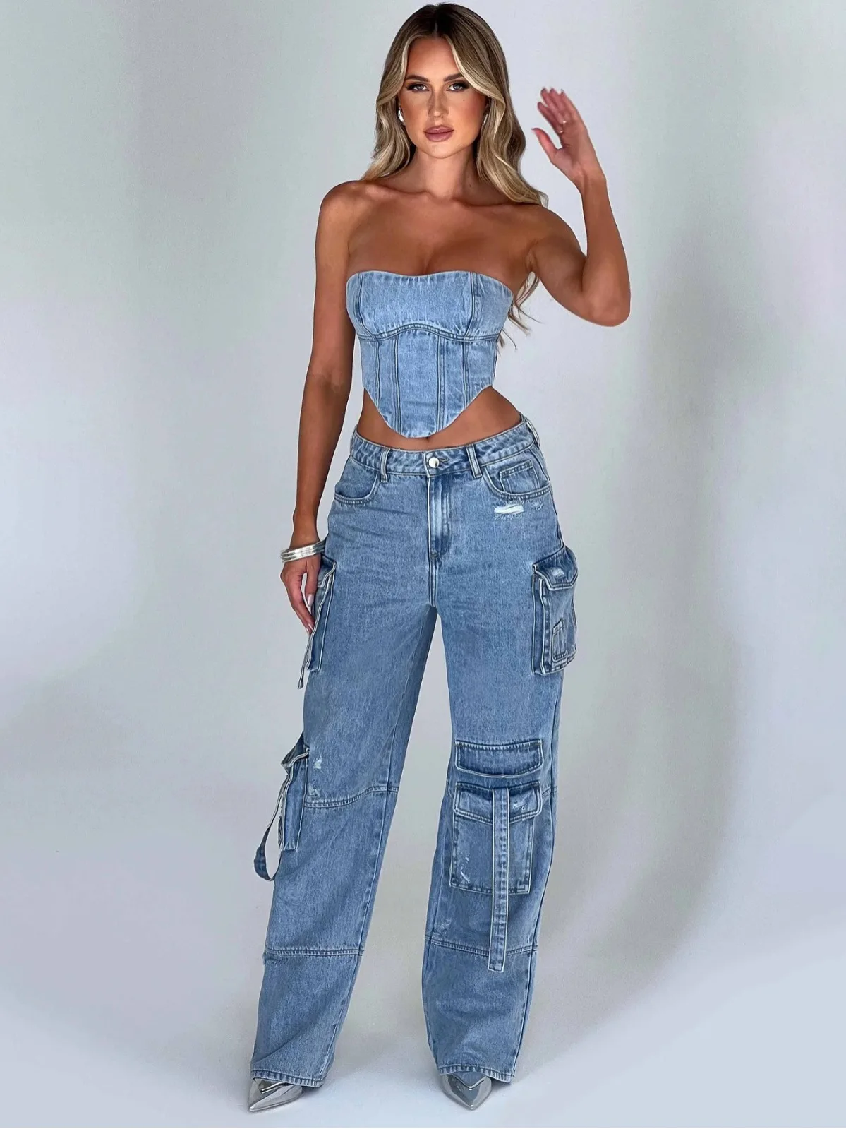 

Fashion Womens Outfit High Waist Join Together Pocket Design Ripped Jeans Pants Autumn Summer New Fashion Casual Jeans Overalls