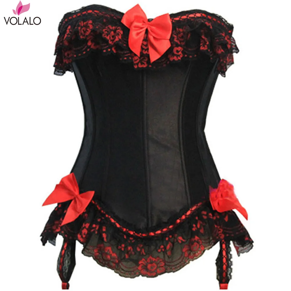 

VOLALO S-6XL Steampunk Sexy Corset Dress Bowknots Boned Bustier Burlesque Waist Trainer Body Shaper Slimming Lace Corset Tops