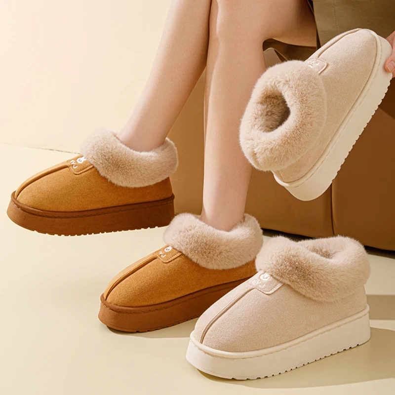 

Winter Women's Cozy Slipper Boots with Faux Fur Trim Embroidered Suede Platform Slippers for Indoor Outdoor Use