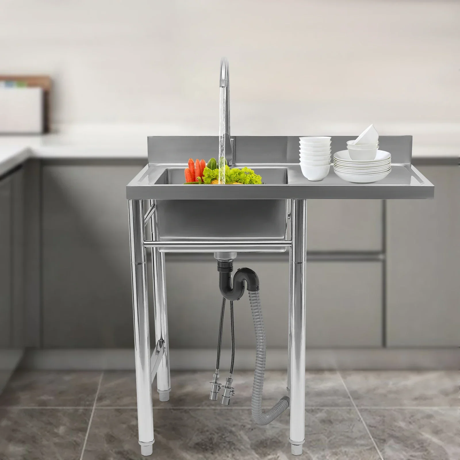 

Stainless Steel Commercial Utility Sink with Drainboard - 35.4in Workbench Sink for Restaurant, Laundry (220lbs Load Capacity)