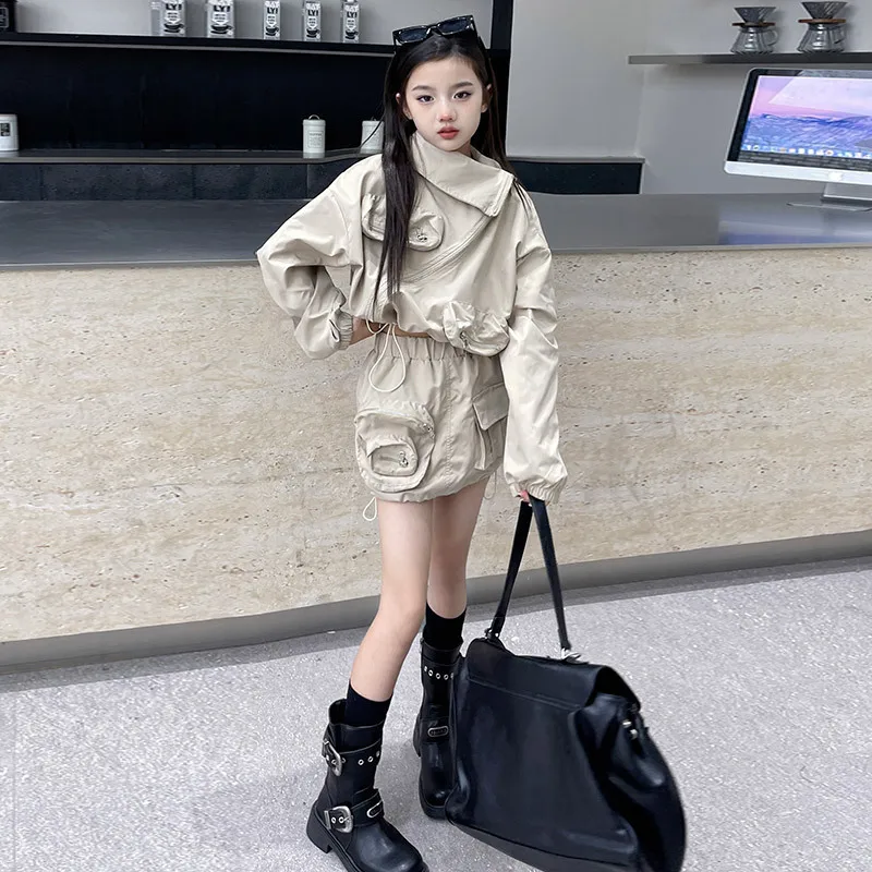 Girl Korean 2025 Top Short Skirt Spring and Autumn Clothing Children's Diagonal Zipper Coat 3D Pocket Small and Popular Autumn