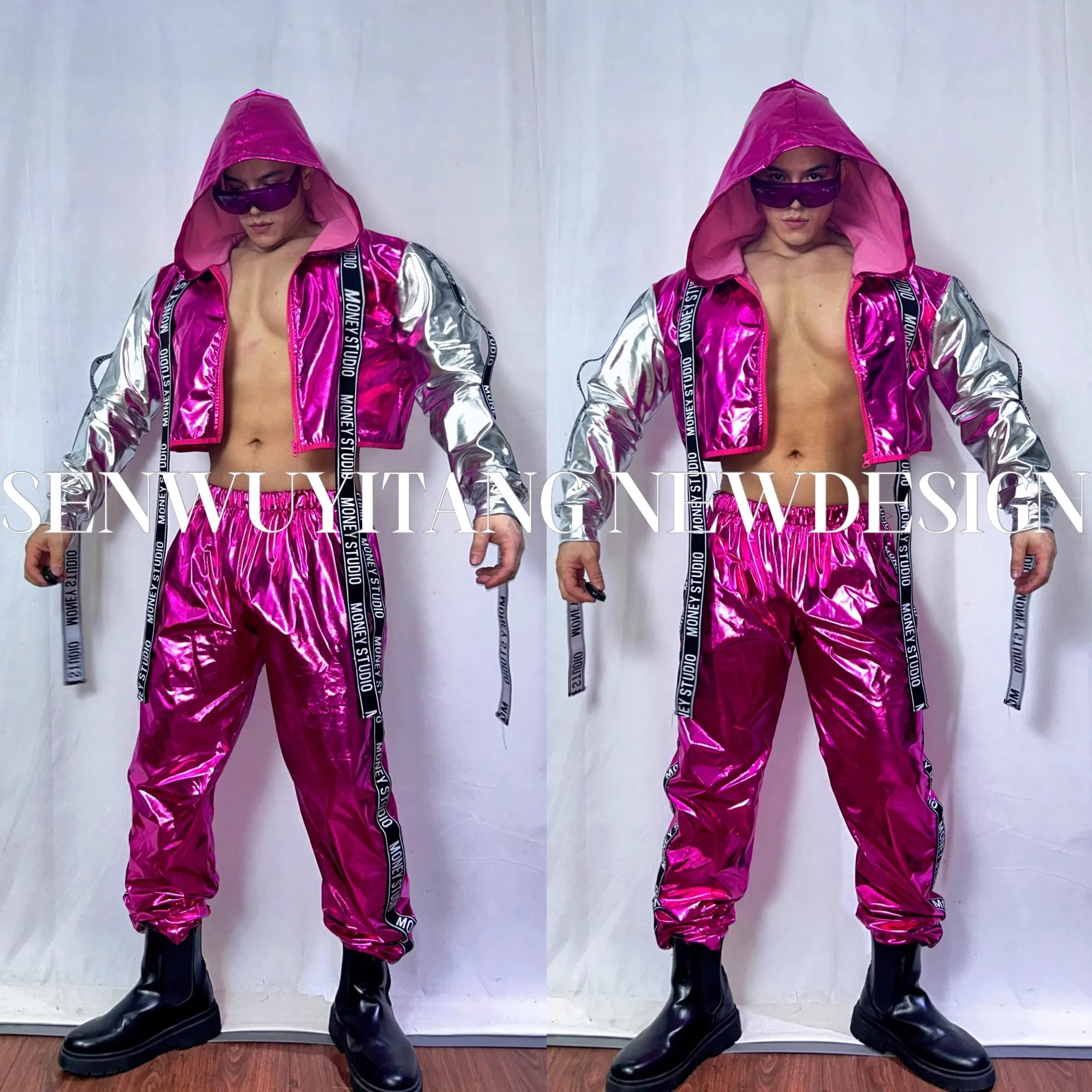 New 2024 Spring Autumn Men Long Sleeve Cardigan Zipper Hooded Jackets+Pants 2PCS Fashion Outfit Sexy Singer Dance Stage Costume