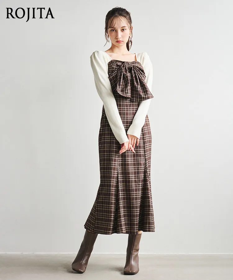 Plaid Mermaid Midi Dress Japanese Style Three-dimensional Bow Design Plaid Knitted Splicing Long-sleeved Fishtail Dress Dress