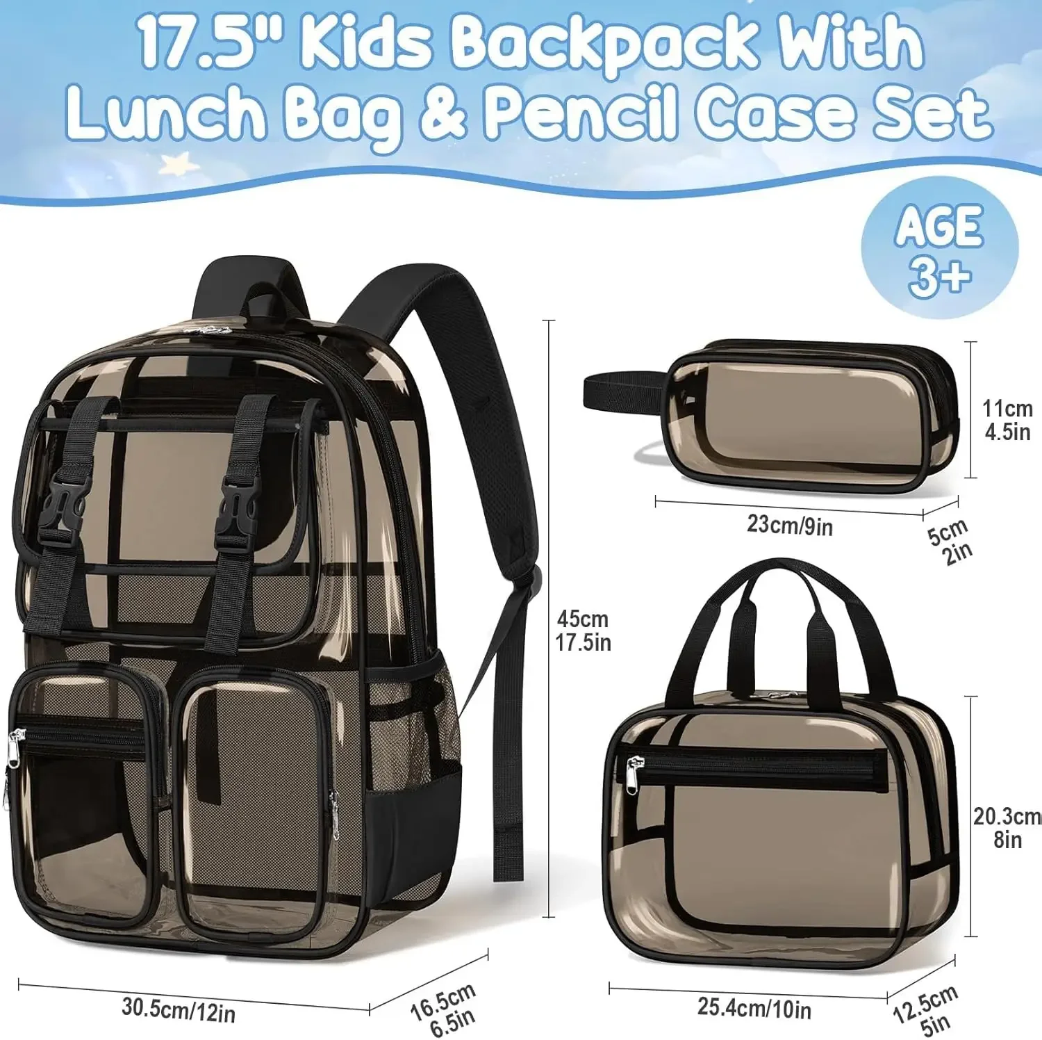 Picture 3: Fimibuke Clear Backpack for Girls - 3 PCS Heavy Duty Kids Boys Clear Bags Schoolbag Large Transparent PVC Bookbag with Lunch Box