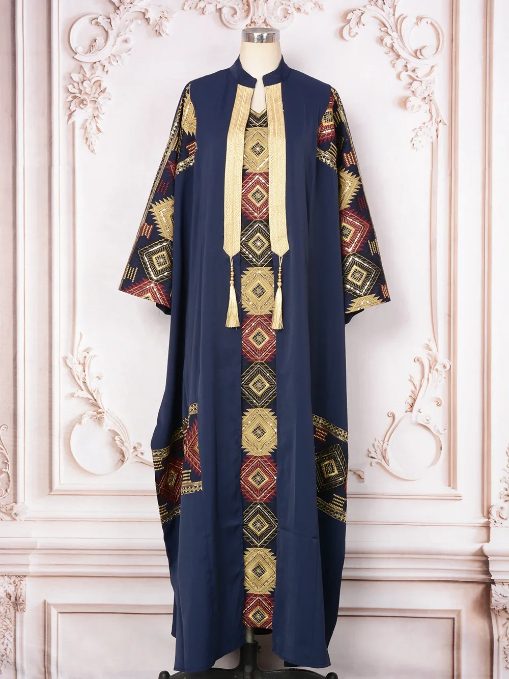 

2025 New Middle Eastern Muslim Women's Long Robe, Dubai - Turkey Style Embroidered and Beaded Cardigan Two - Piece Dress.