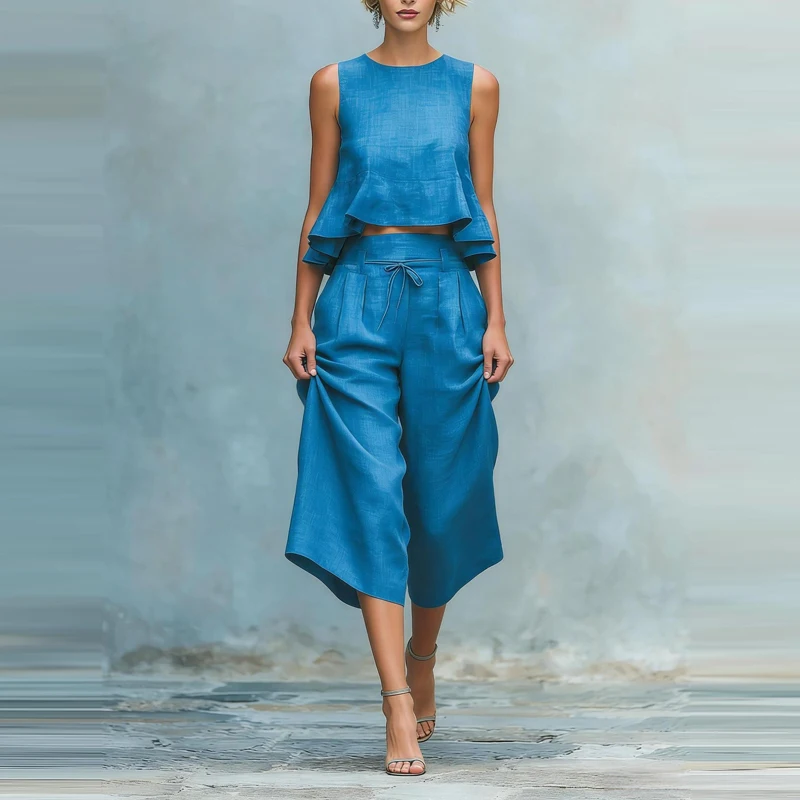 

Summer Loose Vacation Sets Fashion O-neck Sleeveless Ruffles Vest And Wide Leg Pants Sets Elegant Solid Color Lady Commute Sets