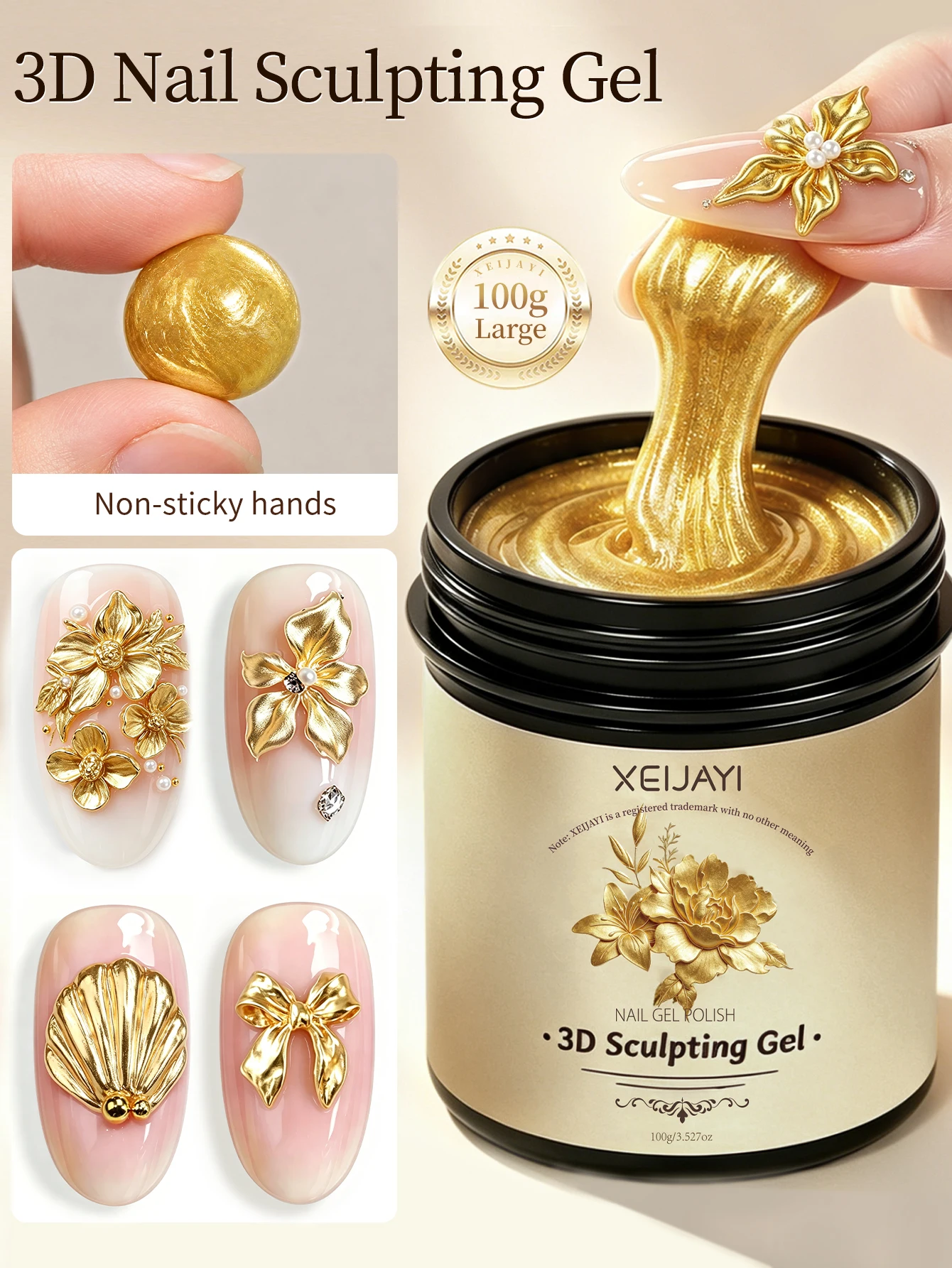 1Pc 100g Golden Nail Extension Gel , 3D Sculpting Gel for Natural Nail Tips, Soak Off UV/LED Gel with High Gloss Finish