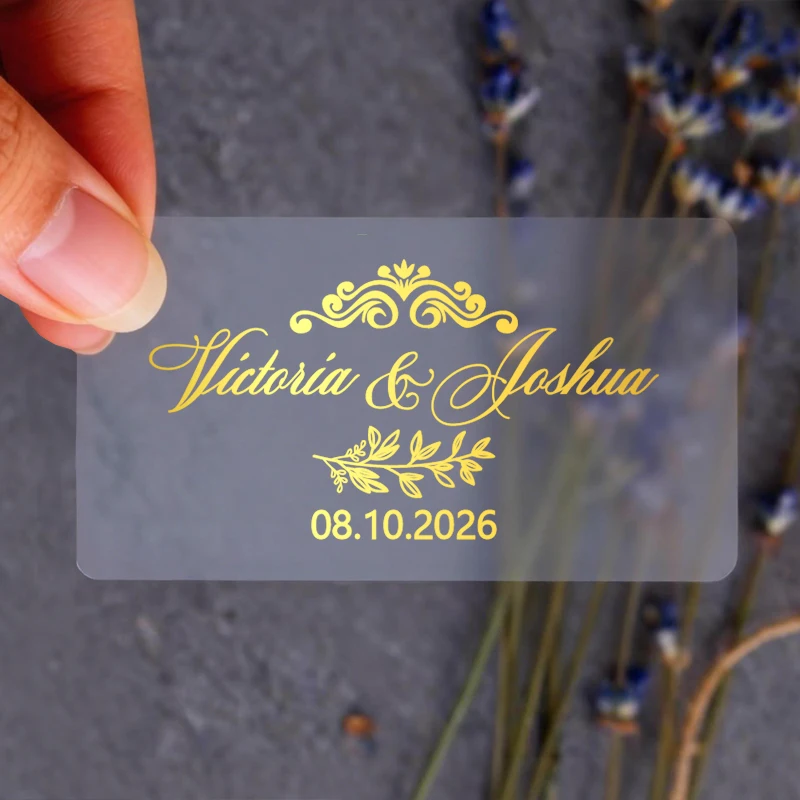 

50PCS Rectangular Personalized Wedding Stickers Transparent Background Stickers wiht Gold Foil Silver Foil Text Favor Labels