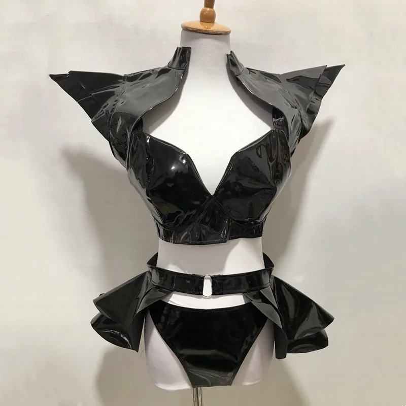 

Бар, ночной клуб, танцовщица Gogo, певица, сексуальная сценическая одежда, черный, серебристый, лазерный кожаный бикини, разделенный танцевальный наряд, костюм Drag Queen