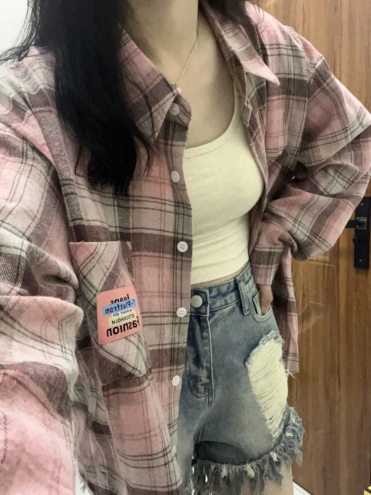 

Women's Long Sve irt Sun Protection Faionable Commute Sle Cotton Collar Single Button Plaid Patterned Outerwear