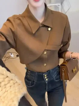 2025 New Spring Thicken Long Sleeve Shirts for Women Solid Black Front Cover Designer Vintage Y2K Blouse Europe Formal Clothing