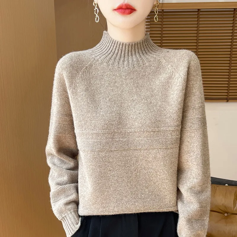 

Semi-Turtleneck Jacquard 100% Pure Cashmere Sweater Women's Solid Color Long Sleeve Sweater Loose Sweater Base Top