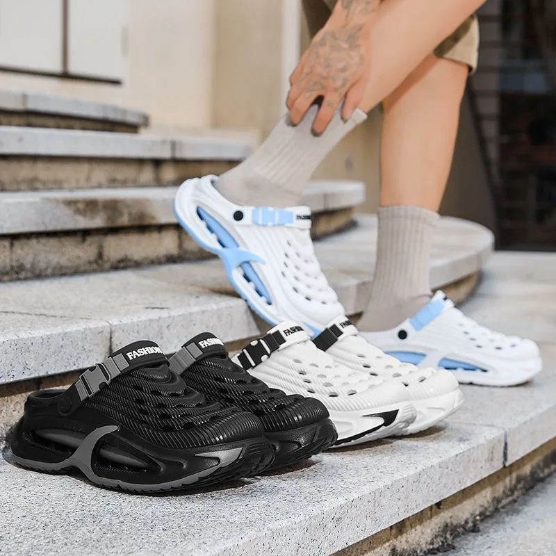 Men's thick-soled cool slippers men's summer wear one-word drag breathable beach shoes outdoor hole shoes bag head drag