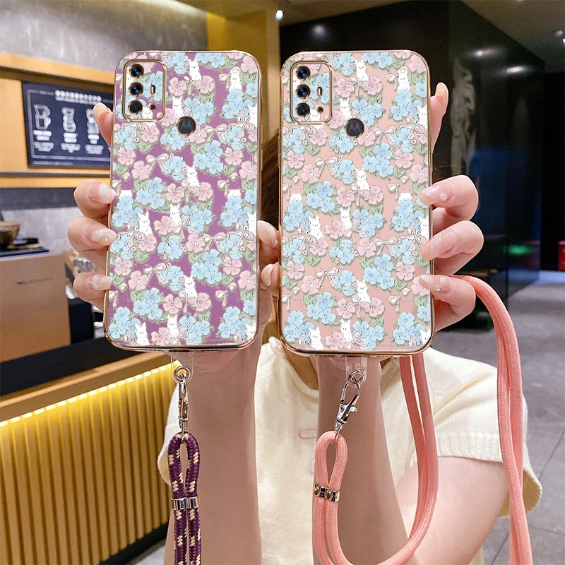 G 30 G 20 Blue Flower Luxury Plating Phone Case For Motorola Moto G30 G54 G84 G23 G72 G42 G9Plus G53 G31 G22 G8Play G20 Cover image 3