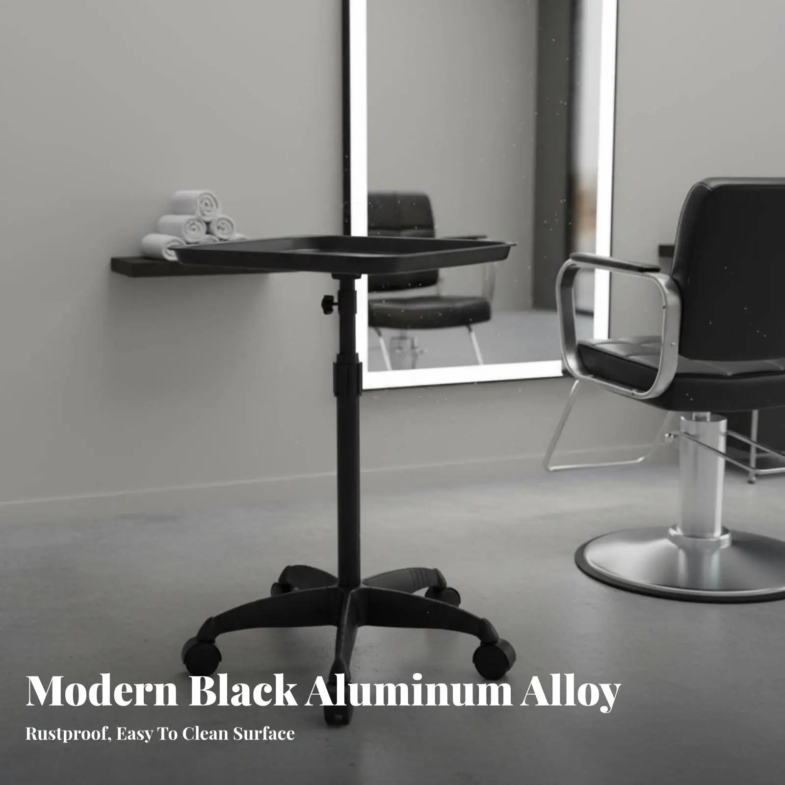 Mobile Salon Trolley for Hairdresser Adjustable Height Rolling Storage Cart with 360 Degree Wheels Black Aluminum