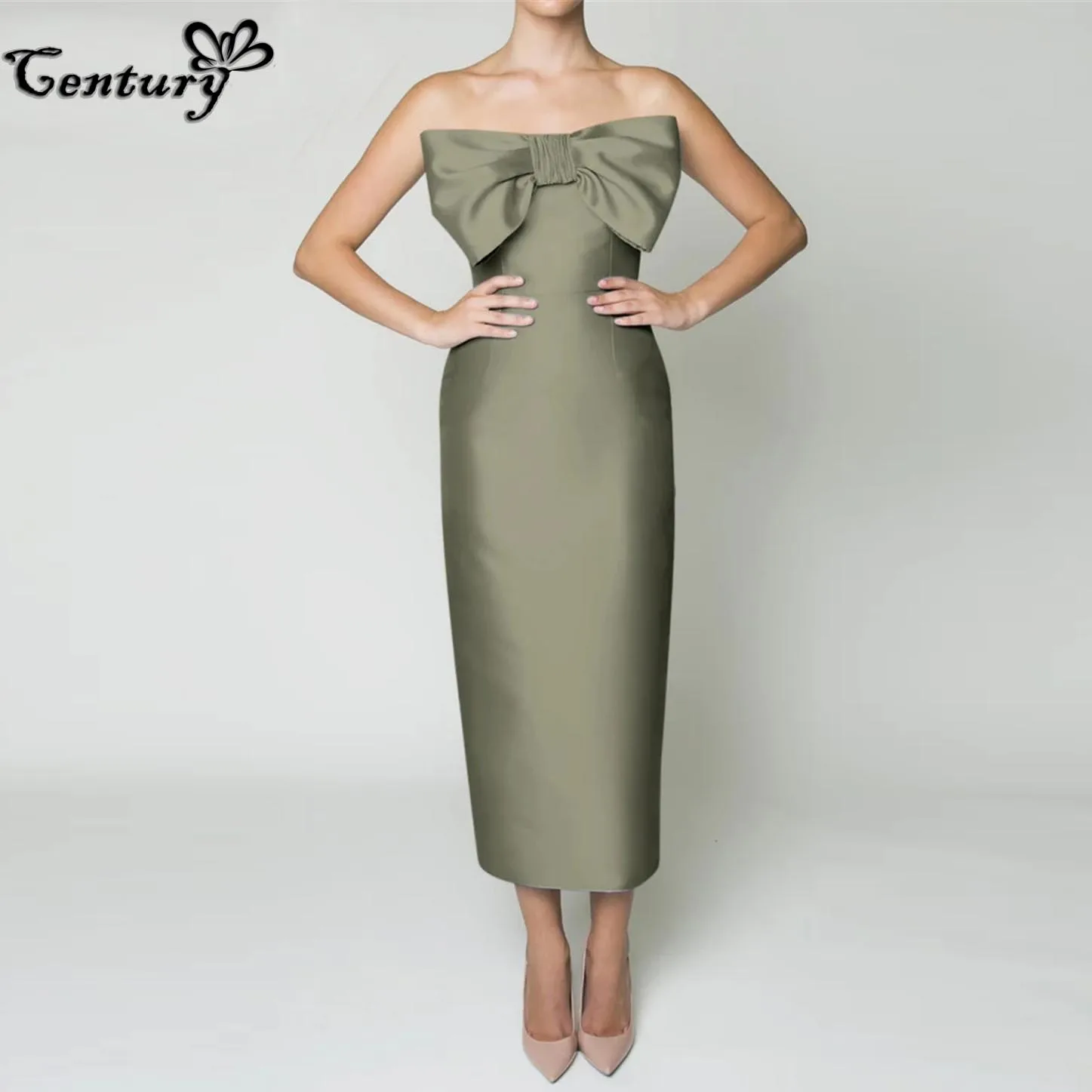 

Sage Green Prom Dress 2023 Big Bow Strapless Simple Satin Evening Party Gowns Formal Occasion Dresses Robe De Soiree Customized